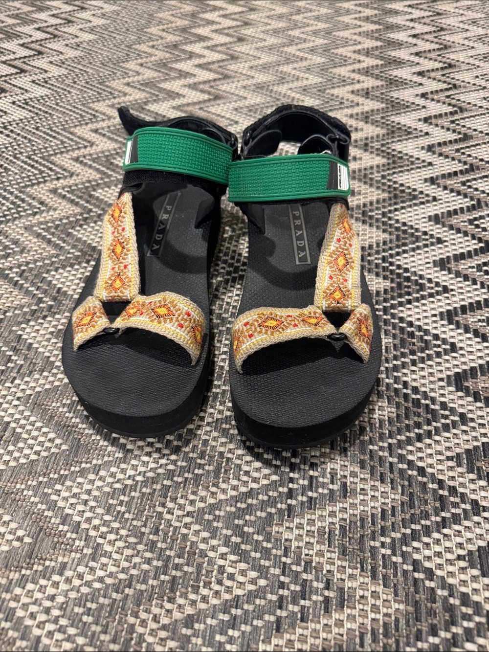Prada Black Sandals with Green Ankle Strap and Multicolor Embroidered Straps